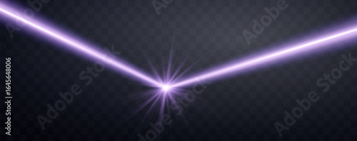 Purple horizontal laser beam. Neon line, presentation pointer. Purple glow flare light effect. Vector illustration. Isolated on dark transparent background.
