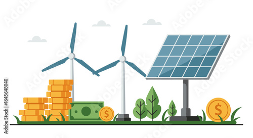 Sustainable energy concept with wind turbines, solar panel, and money in a flat design