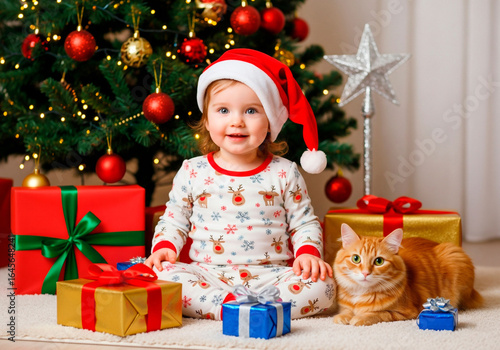 Smiling Toddler in Santa Hat and Pajamas, Posing with a Cat and Christmas Presents by a Decorated Tree