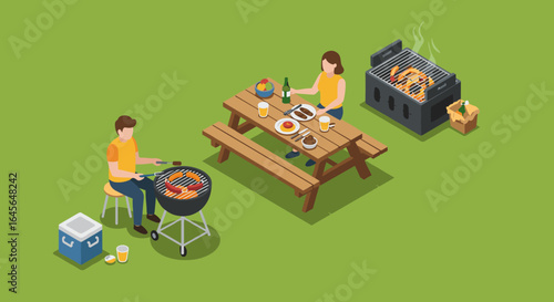 Outdoor family barbecue with grills and picnic table in isometric style