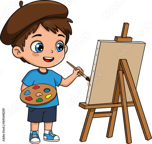 Cute cartoon boy artist painting on canvas with brush, holding palette, creative child character, art education, drawing hobby illustration