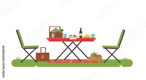 Outdoor picnic setup with wine and fresh fruits on a table with chairs