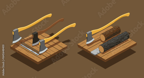 Isometric axes and wood blocks for logging and carpentry