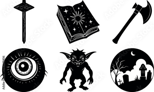 Halloween vector silhouette set with spooky icons and elements. Collection of halloween vectors