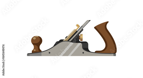 Vintage hand plane tool with wooden handle and metal blade on white background