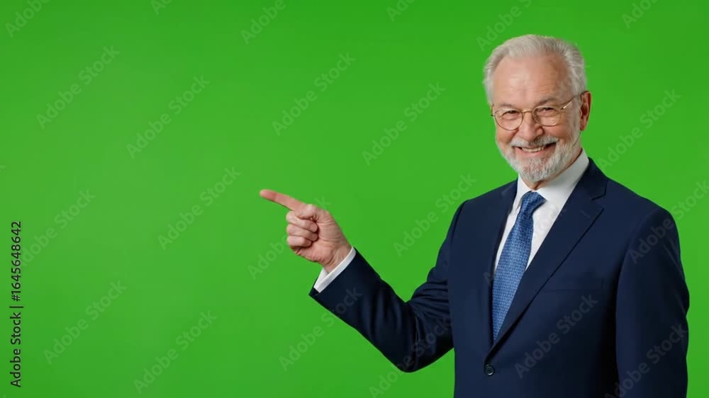 A mature, wealthy English man in a business suit and glasses stands in the front right of the frame, pointing at the center of a large green screen behind him. A mature, wealthy English man in a business suit and glasses stands in the front right of the frame, pointing at the center of a large green screen behind him.