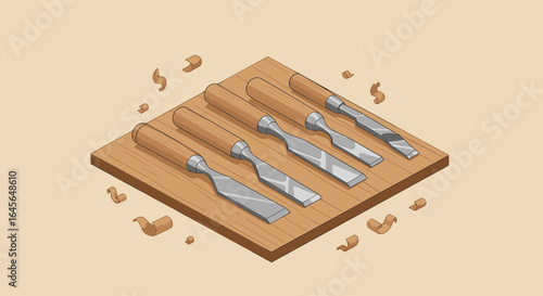 Isometric woodworking chisels set on wooden board with shavings