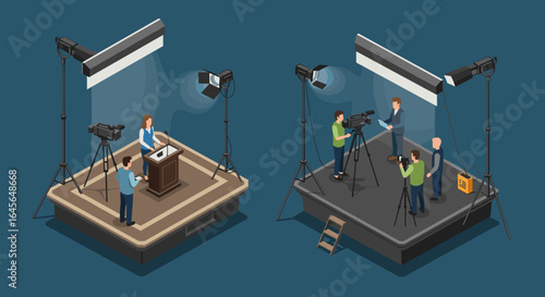 Media production process: isometric stages of recording and broadcasting in studio settings