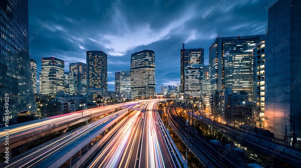 Fototapeta premium Futuristic cityscape with streams of light from busy traffic on a motorway under a dramatic twilight sky
