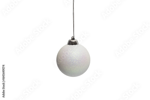 White shiny ball hanging isolated on white background. Decorative element for Christmas and New Year composition
