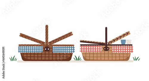 Picnic baskets with checkered cloths on a sunny day