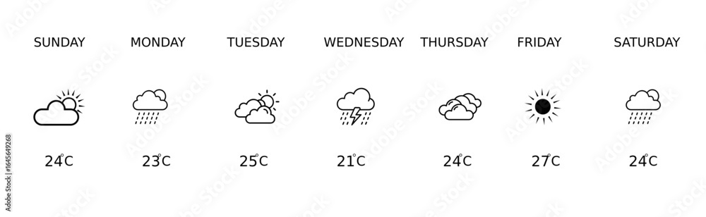 Modern Weekly Weather UI/UX Design with Minimal Layout, Color-Coded Forecasts, Temperature Indicators, and Clear Icons, Perfect for Mobile Apps, Web Dashboards, and Responsive Weather Applications Modern Weekly Weather UI/UX Design with Minimal Layout, Color-Coded Forecasts, Temperature Indicators, and Clear Icons, Perfect for Mobile Apps, Web Dashboards, and Responsive Weather Applications