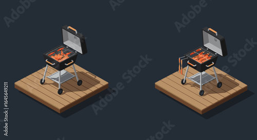 Isometric barbecue grills on wooden platforms with open lids and glowing coals