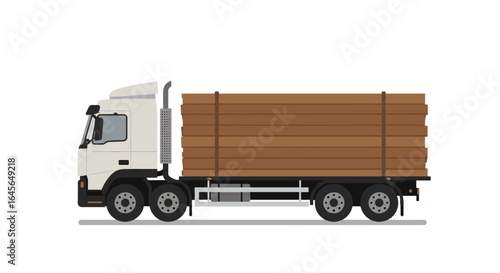 Flat design cargo truck with timber load on clear background