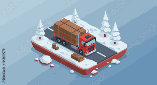 Isometric winter truck on snowy road with wood cargo and pine trees