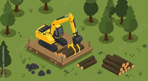 Isometric construction site with excavator loading logs in forest