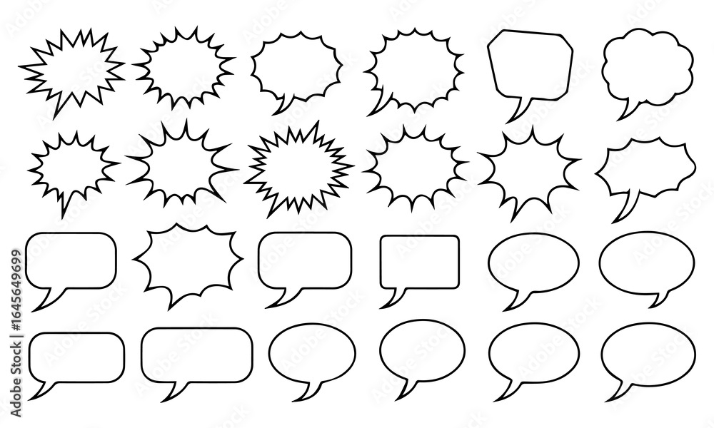Fototapeta premium Comic burst, speech bubble, and text box silhouettes in vector style. essential graphic elements set for comic design, pop art, dialog highlights, and creative retro style storytelling