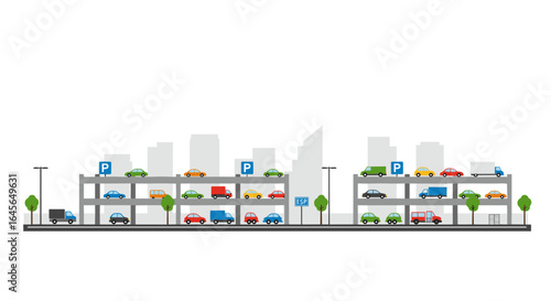 Multi-level parking garage with colorful cars and trucks in urban setting