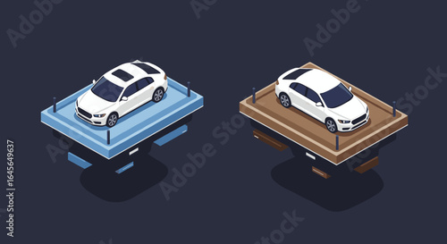 Isometric car models on elevated platforms: modern design with two color variants