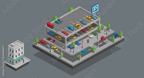 Isometric multi-level parking lot with cars and trees on gray background