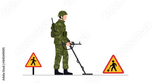 Soldier using metal detector safely between warning signs