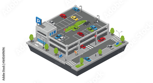 Isometric urban parking lot with cars and trees on a clear day