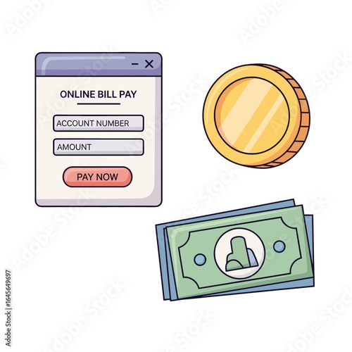 Digital payment concept with online bill pay form, currency, and coin for internet banking and finance.