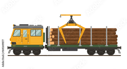 Freight train with logs flat design: yellow carriage and crane ready for transport