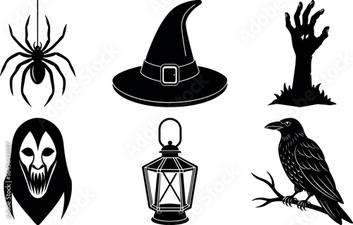Halloween vector silhouette set with spooky icons and elements. Collection of halloween vectors