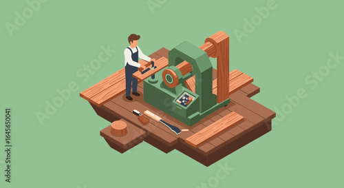 Woodworker operating lathe machine in isometric workshop setting