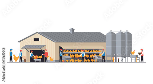 Modern poultry farm scene with workers and chickens in flat design