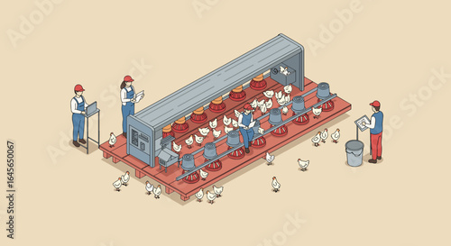 Isometric poultry farm automation scene with farmers and chickens