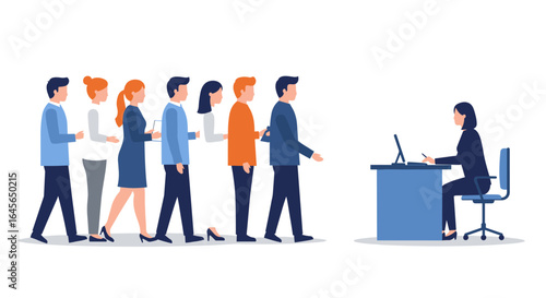 Group of diverse candidates waiting for job interview with recruiter at desk