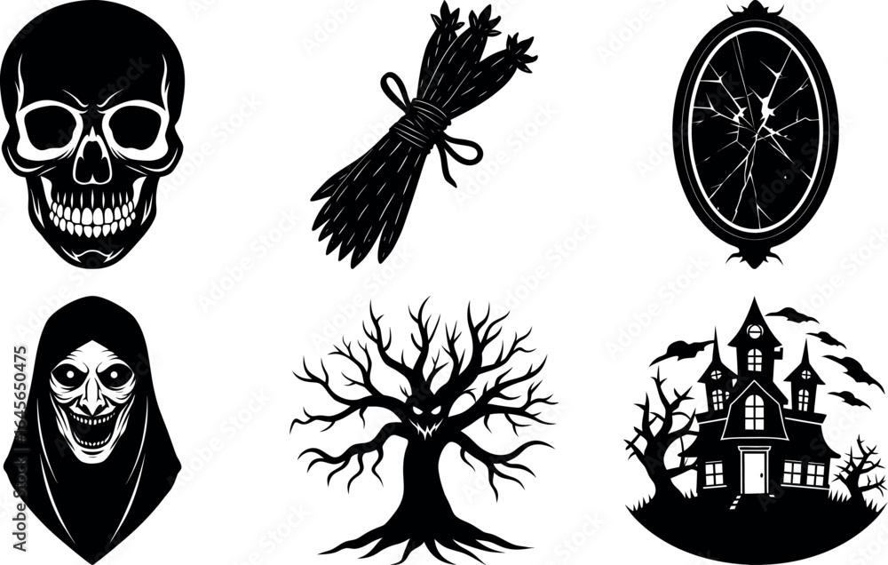 Fototapeta premium Halloween vector silhouette set with spooky icons and elements. Collection of halloween vectors