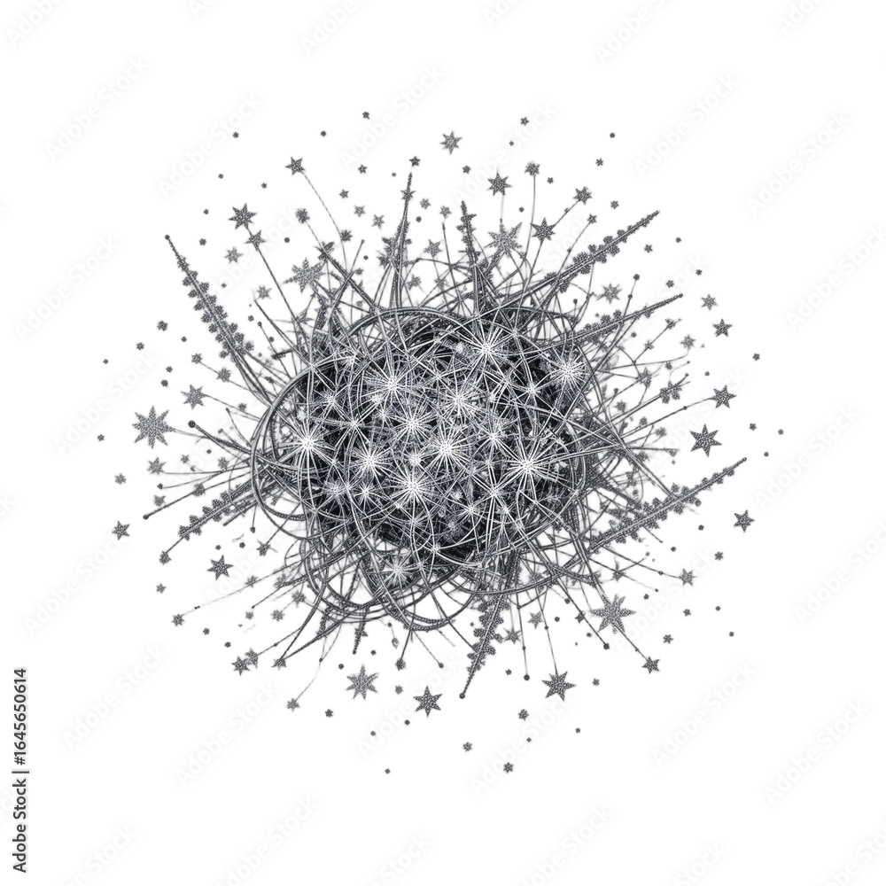 Fototapeta premium Intense and Chaotic Monochromatic Starburst Cluster: A dense and intricate visual of spiky, radiating forms, representing complexity, data networks, and powerful technological concepts
