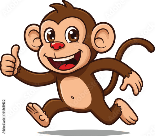 Happy cartoon monkey running with thumbs up, cute jungle animal mascot, fun vector illustration, cheerful chimpanzee character isolated on white
