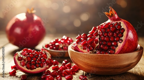 Bright ripe pomegranate fruit with fresh seeds in a rustic wooden bowl on a wooden table with a blurred background and soft warm light
