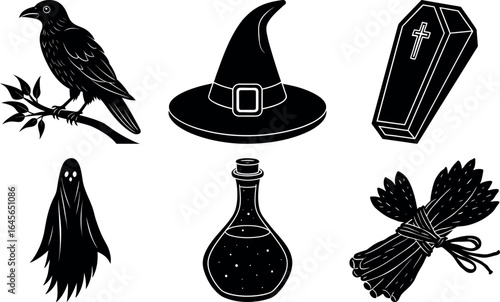 Halloween vector silhouette set with spooky icons and elements. Collection of halloween vectors