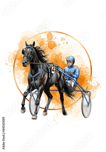 Dynamic Harness Racing Horse with Jockey - Vibrant Watercolor Art for Sports Prints and Equestrian Decor