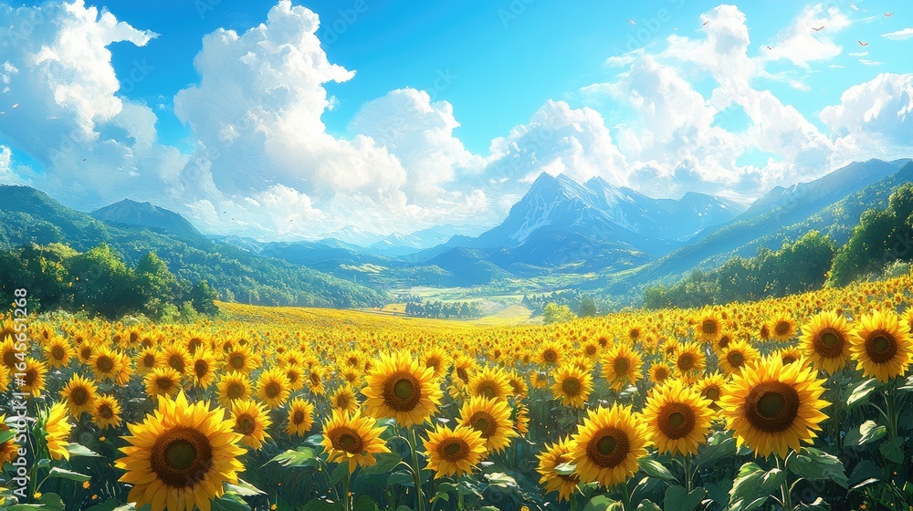Obraz premium Cartoon Sunflower Field Under Blue Sky, Bright Color Minimalist Background, Cute Anime Aesthetic Illustration