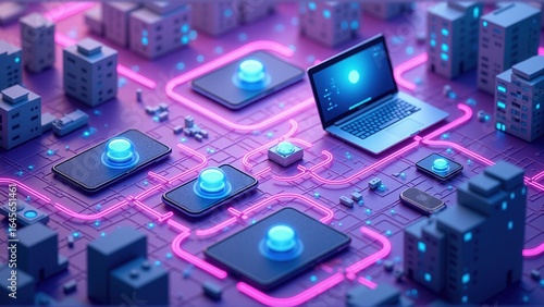 A futuristic city circuit board shows interconnected devices with glowing pink neon pathways.