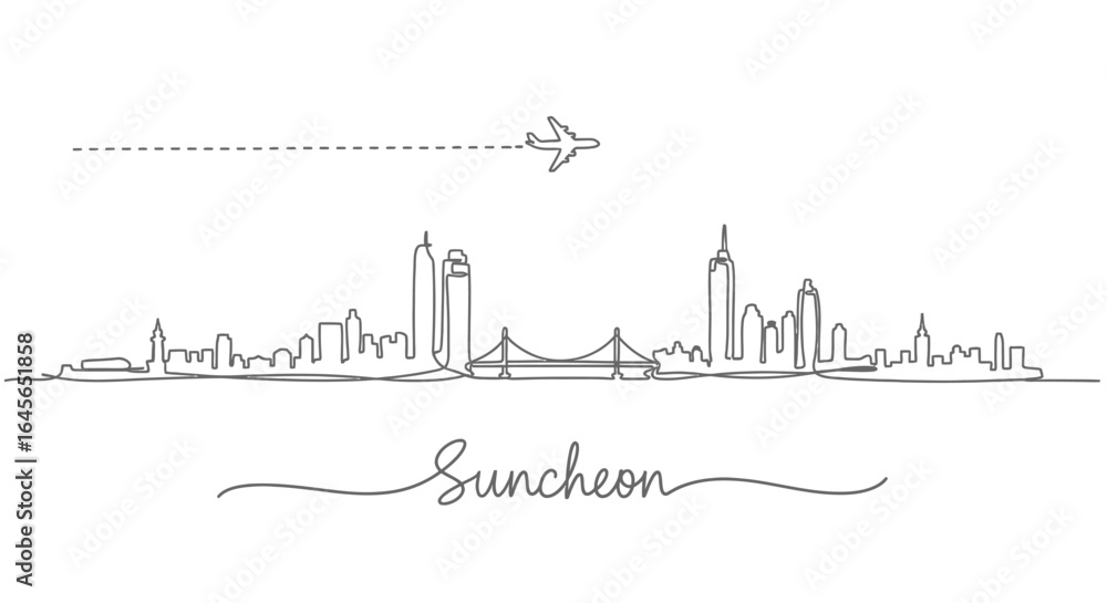Obraz premium Suncheon Skyline Line Art with Plane.