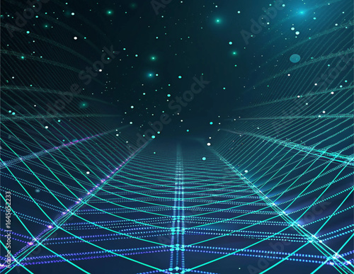 Infinite Neon Wireframe Tunnel in Sci-Fi Cyberspace

