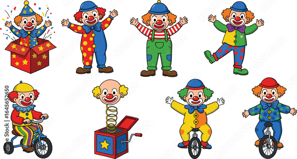 Set of Funny Cartoon Clowns Performing Tricks, Entertaining Circus Characters with Costumes and Props, Isolated on White Background Illustration Set of Funny Cartoon Clowns Performing Tricks, Entertaining Circus Characters with Costumes and Props, Isolated on White Background Illustration
