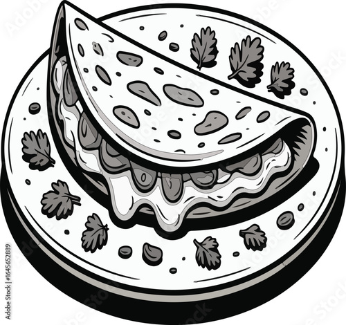 Quesadilla sketch cartoon style black and white vector illustration