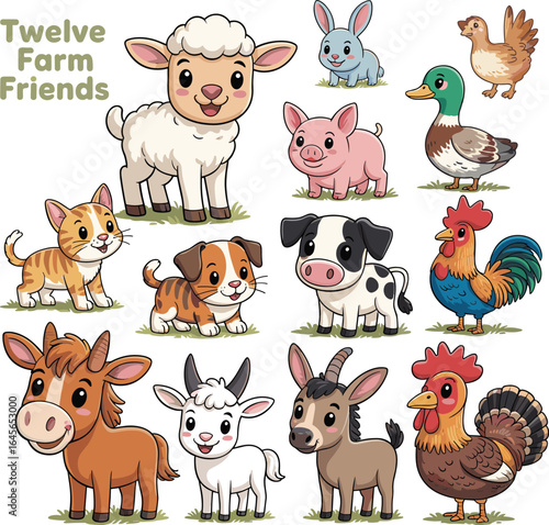 Set of twelve cute cartoon farm animals, adorable baby pets illustration, children’s farm animal collection, educational vector for kids books