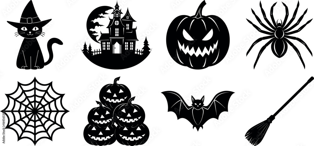 Fototapeta premium Halloween vector silhouette set with spooky icons and elements. Collection of halloween vectors