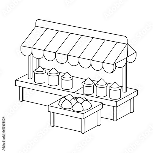 Vector art of outdoor market stall with awning and products for sale