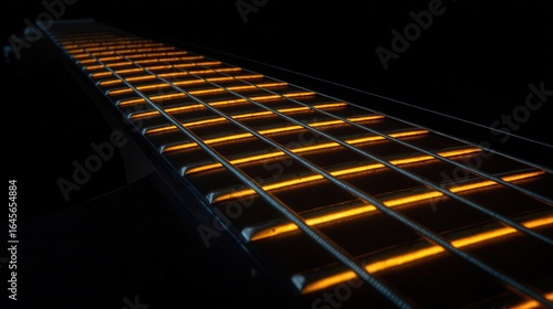 Close-up view of a glowing guitar fretboard.