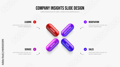 Service Introduction 4 Option Diagram Frame Design. Professional Profile Four Element Infographic Slide Layout. Modern Report Slideshow Template Vector Illustration.